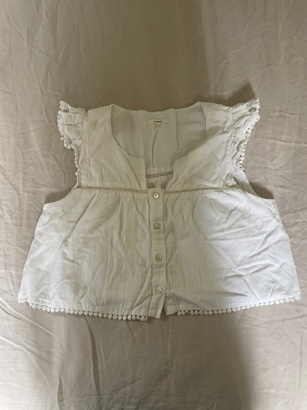 Tularosa White Cotton Eyelet Crop Top with Pom Trim
